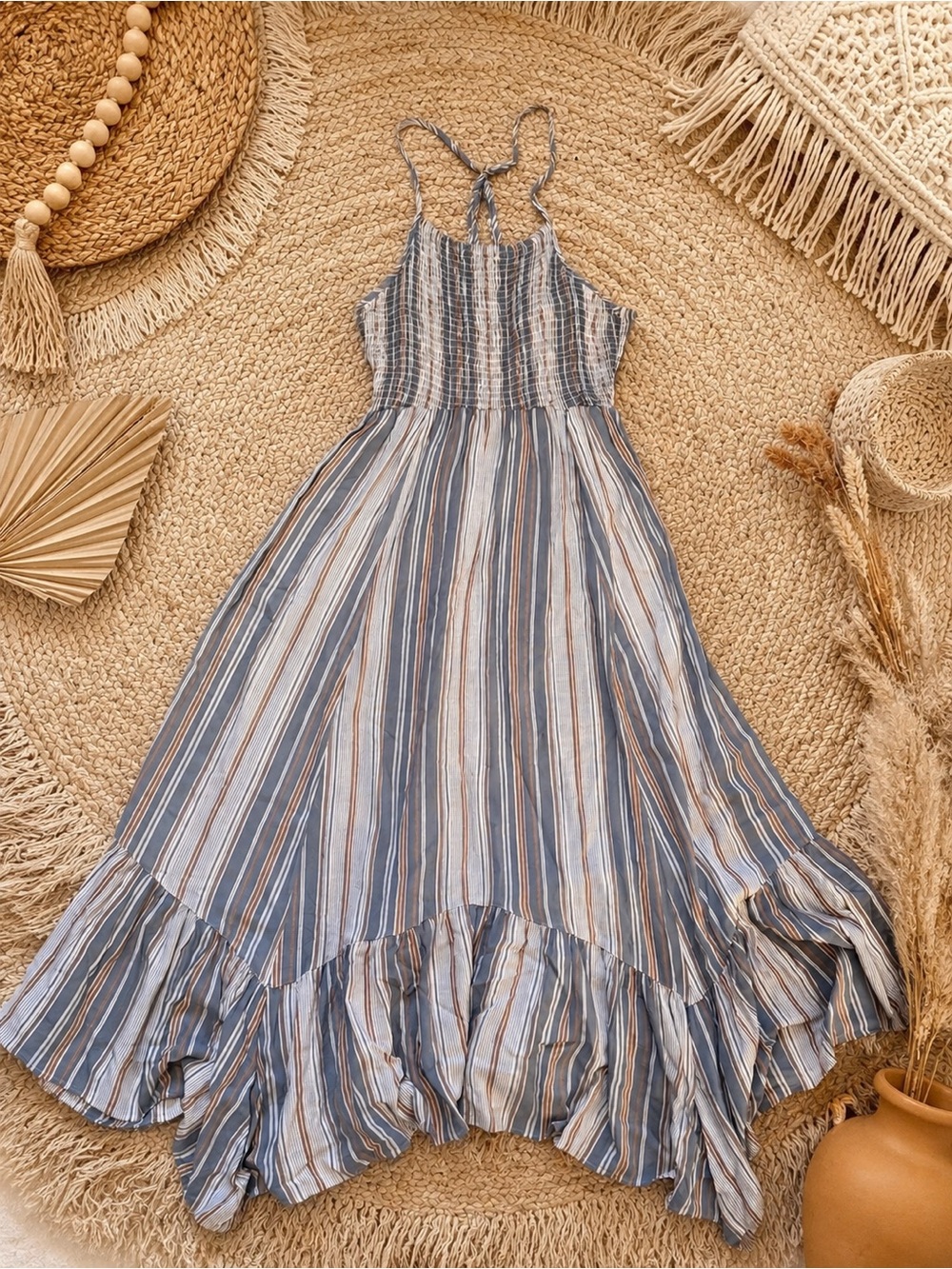 Angie Striped Smocked Maxi Dress Small Boho Coastal S